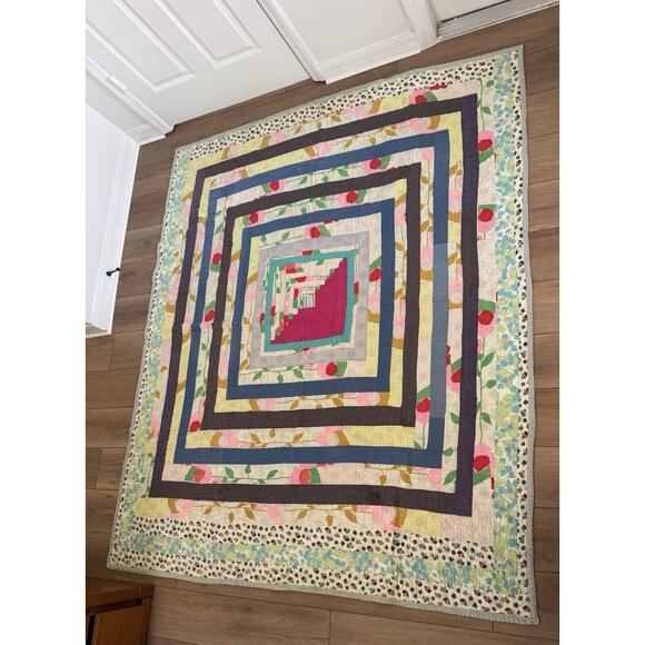 Vintage Hand Quilted Log Cabin Housetop Quilt Concentric Squares Abstract 6x7 - Picture 13 of 16